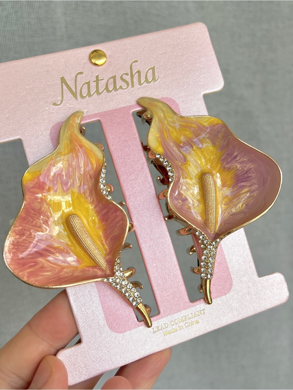 Natasha Calla Lily metal hair claw jaw hair clip crystal pink yellow purple gold